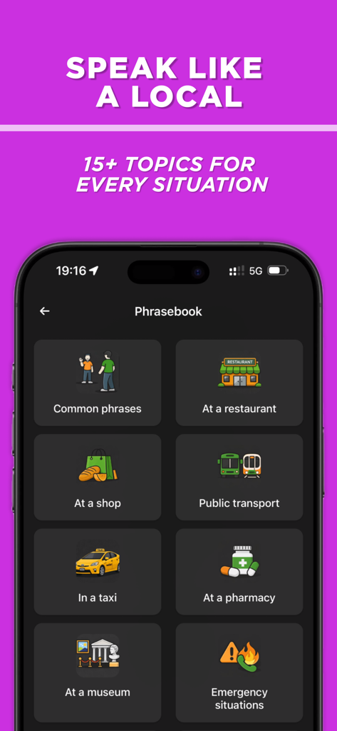 GeoMate: Georgia Travel Guide - Phrasebook section of the GeoMate app with categories for common phrases, restaurants, and shopping
