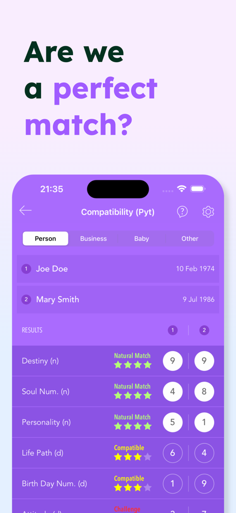 Pocket Numerology Pro - Relationship compatibility interface in Pocket Numerology Pro showing natural match results for Destiny and Life Path numbers between two people.