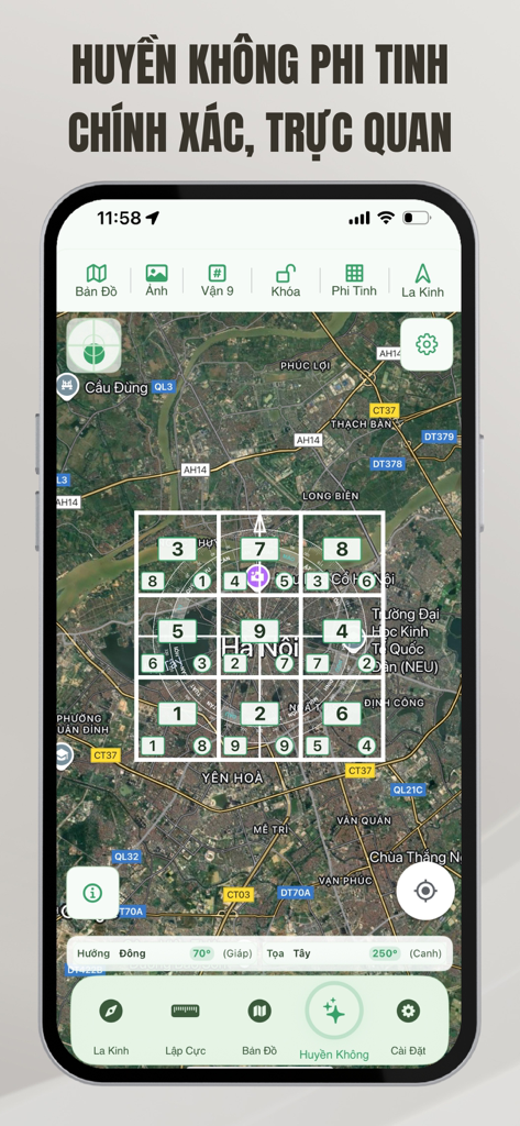 Feng Shui Compass Bach Viet - Feng Shui Compass Bach Viet interface showing a Flying Star grid overlaid on a satellite map.