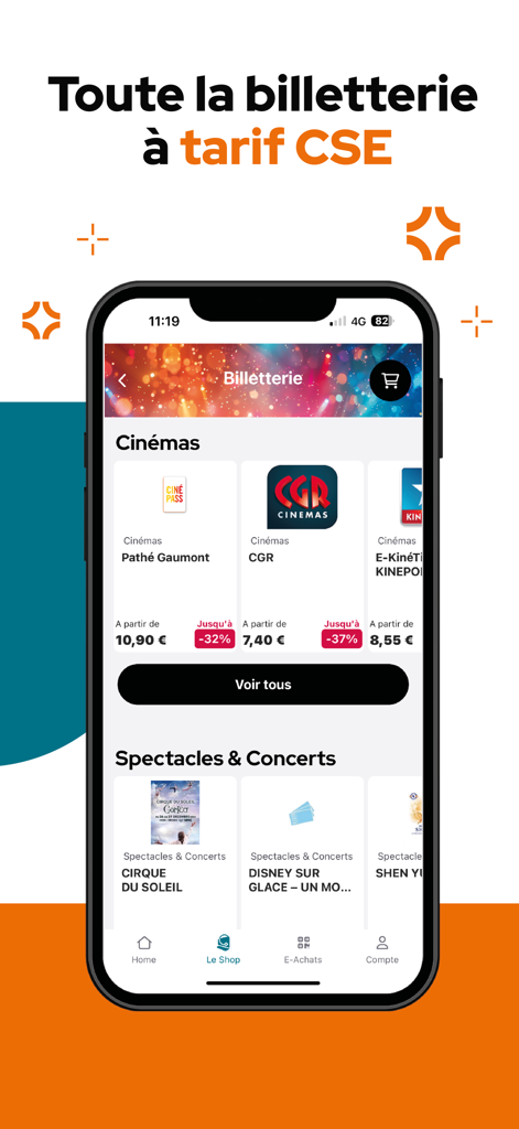 advanGO app screen showing employee discounts on cinema tickets and shows.