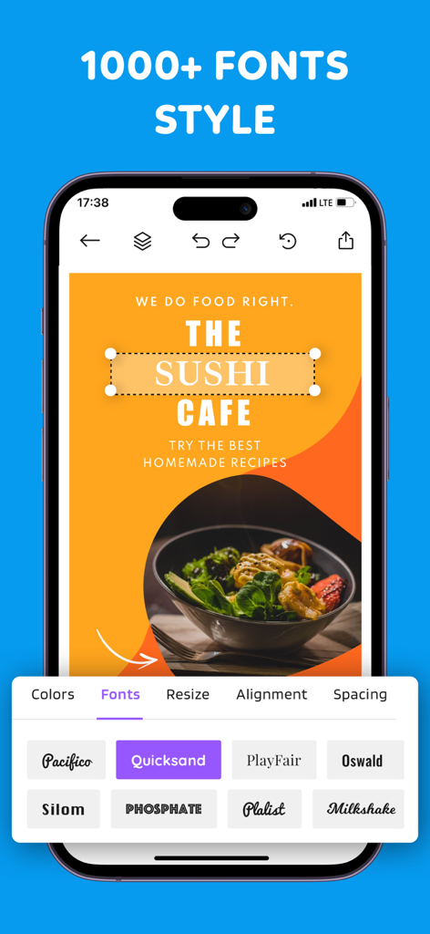 Logo Maker : Flyer Maker - A smartphone app interface showing typography editing for a sushi cafe flyer with a variety of font style options.