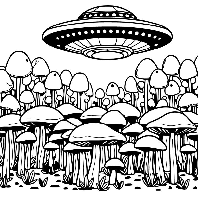 a realistic mushroom forest with a space ship above it