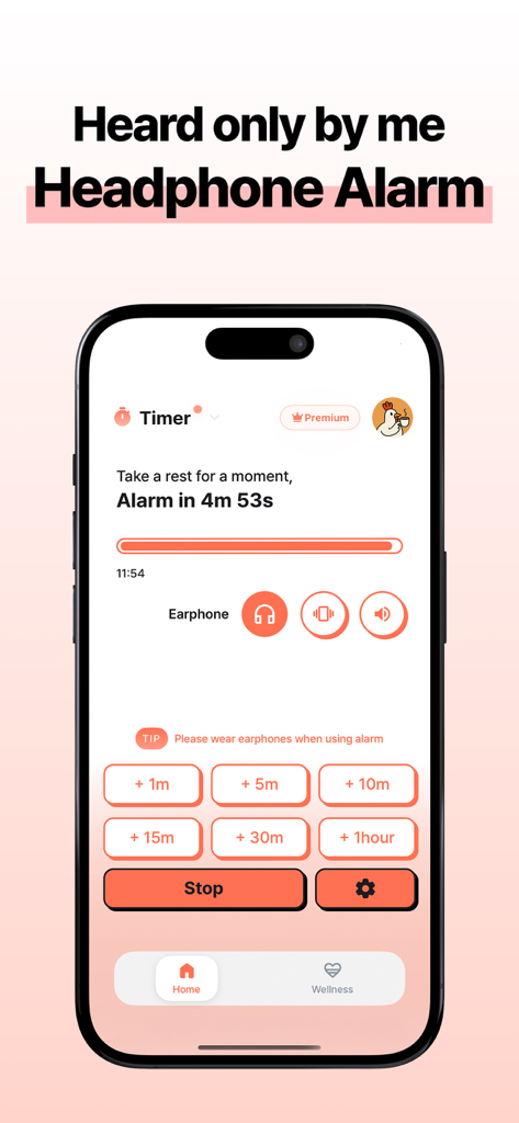 Kkokkio App-Bildschirm, der einen privaten Kopfhörer-Wecker-Countdown-Timer zeigt