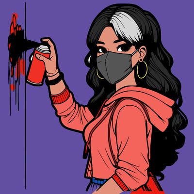 realistic girl with mask spray painting a wall