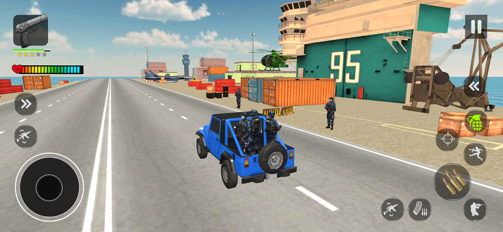 FPS Shooting Commando Strike - Un jeep militar azul con soldados en una pista de aeropuerto en el juego móvil FPS Shooting Commando Strike.