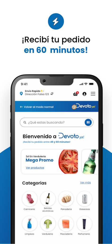 Devoto - Devotoアプリのモバイルインターフェース。60分以内の配送と食料品のカテゴリが強調表示されています。