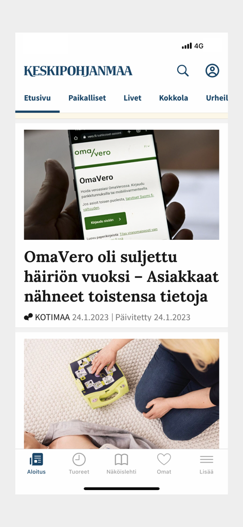 The home screen of the Keskipohjanmaa mobile news app featuring a local headline and navigation menu.