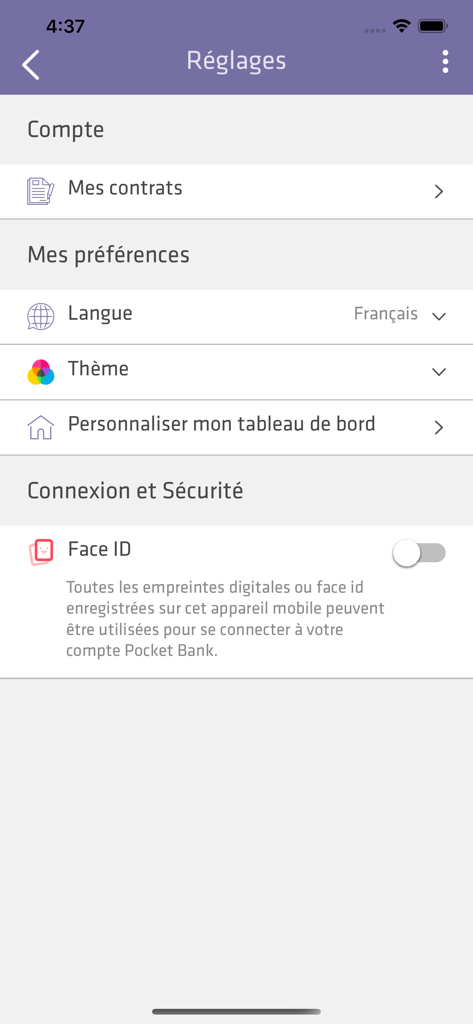 Pocket Bank - Settings screen of the Pocket Bank app showing account contracts, language preferences, and Face ID security options.