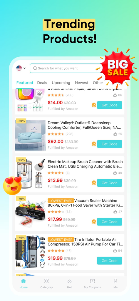 Vipon - Deals & Coupons - Vipon app interface showing a list of trending products with Amazon discount coupons