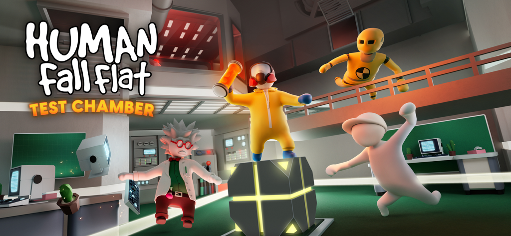 Human: Fall Flat - Cuatro personajes personalizados en un entorno de laboratorio para el nivel Human Fall Flat Test Chamber