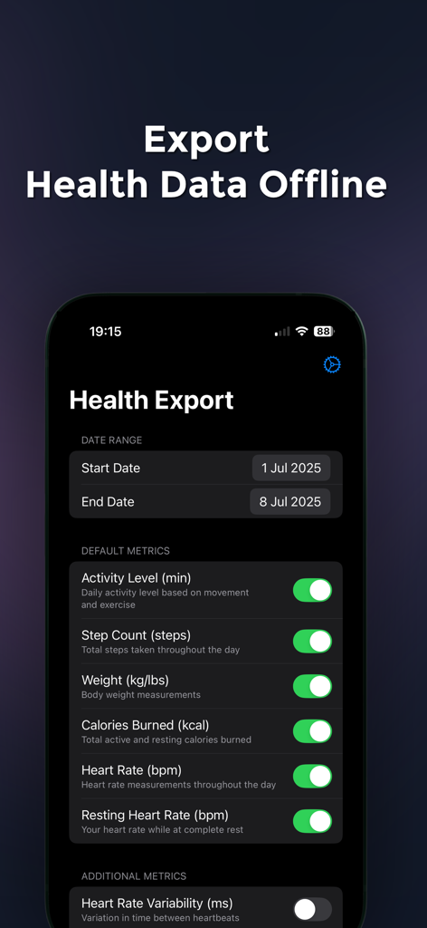 Health Exporter Offline - Health Exporter Offline app screen showing health metric selection toggles for data export