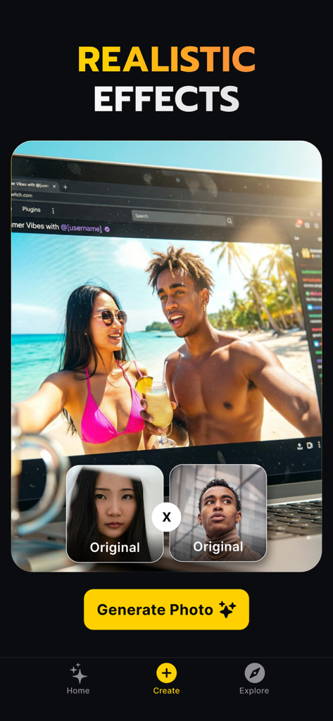Geno: Trend AI Photo Face Swap - Geno app interface showing realistic AI face swap effects on a beach photo.