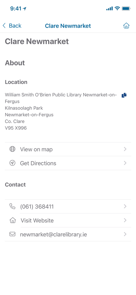 Clare County Library - A screenshot of the Clare County Library app displaying location and contact information for the Newmarket-on-Fergus branch.
