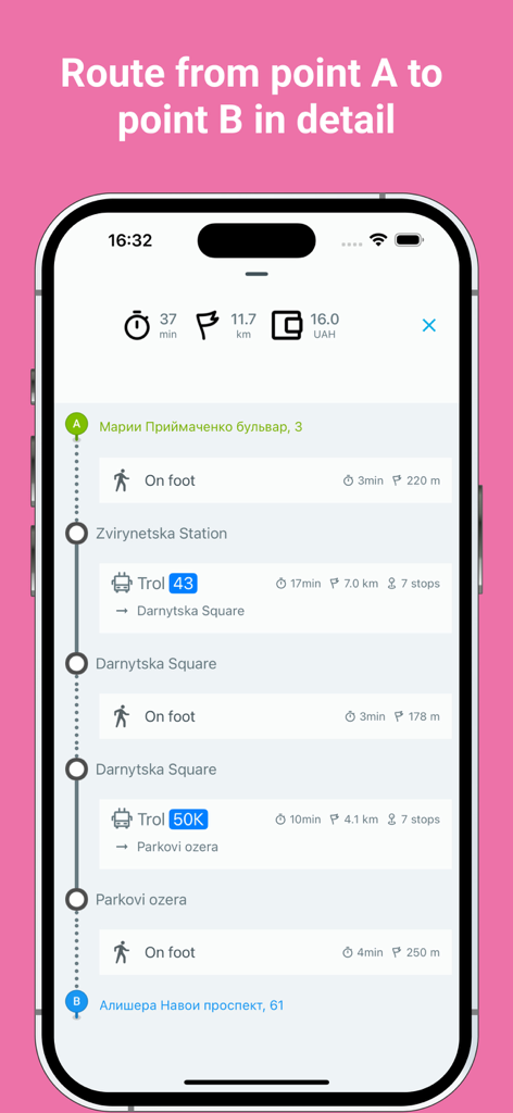 Detailed public transport route from point A to point B in the Eway app
