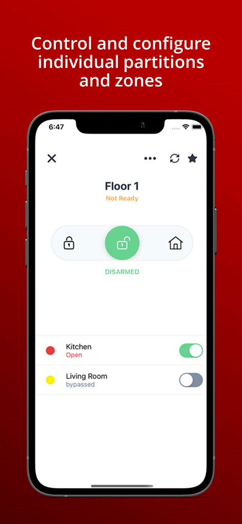 RControl - Interfaz de la aplicación RControl para la gestión de particiones de seguridad y zonas individuales