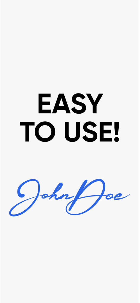 eSign App: Sign PDF Documents - Text EASY TO USE über einer blauen handschriftlichen Signaturprobe auf weißem Hintergrund.