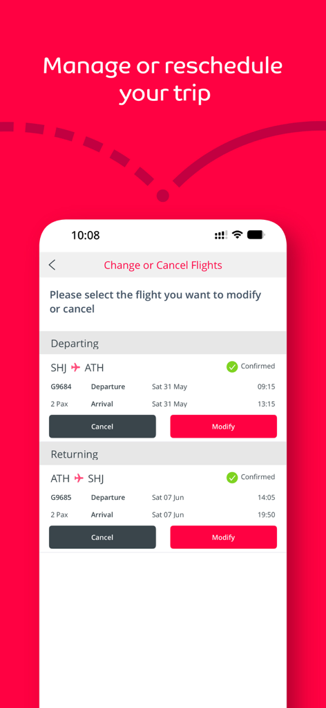 Interface de l'application mobile Air Arabia montrant les options pour modifier ou annuler des vols