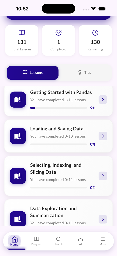 Learn Pandas - Python Data - Dashboard of the Learn Pandas app displaying a structured Python data analysis curriculum with lesson progress bars