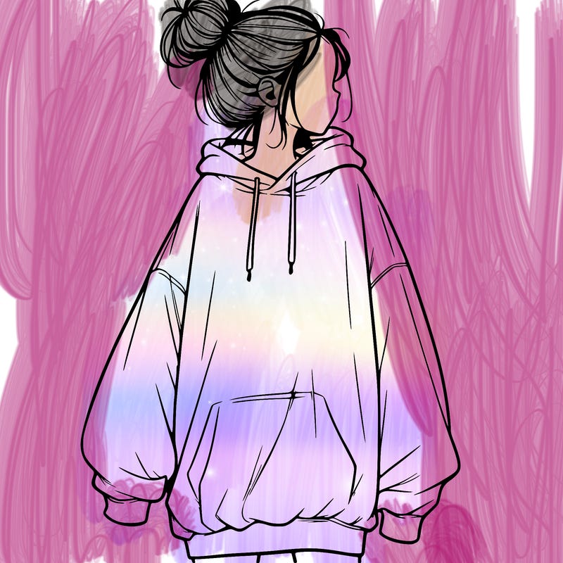 realistic girl with a oversized sweatshirt on and a bun