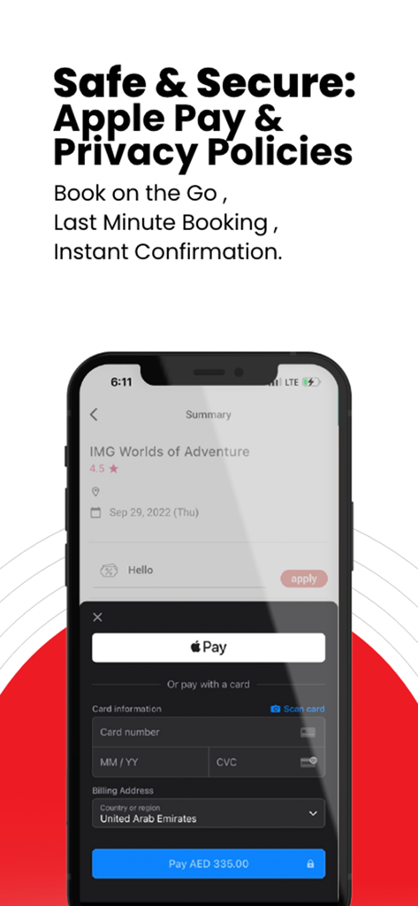 BookingBash: Tickets Made Easy - Secure booking and payment screen on the BookingBash app featuring Apple Pay and instant confirmation.