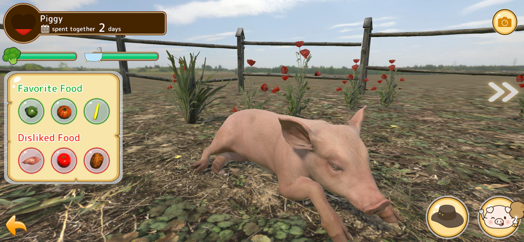 Piglet Garden - A screenshot of the Piglet Garden app showing a mini pig and its favorite food list