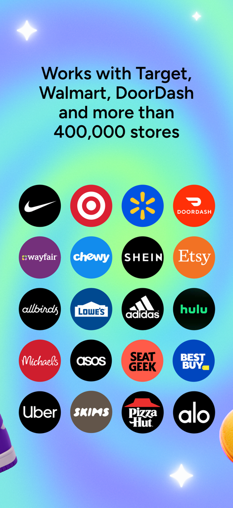SimplyCodes: Coupons & Rewards - Grid showing logos of popular retailers like Target Walmart and DoorDash supported by SimplyCodes