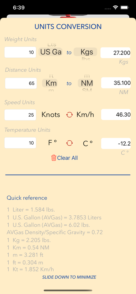 C182 M&B mobile - Aviation units conversion screen for weight, distance, speed, and temperature calculations.