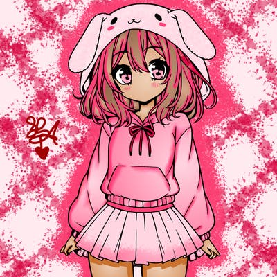 pretty anime girl wearing a fluffy hoodie with bunny ears on the hood and a skirt