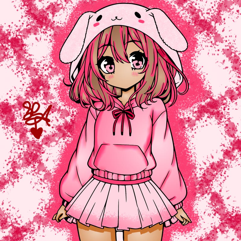 pretty anime girl wearing a fluffy hoodie with bunny ears on the hood and a skirt