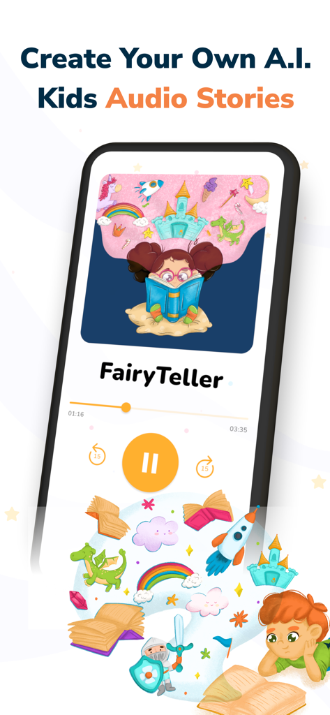 Interface of the Hearty App showing the FairyTeller feature for creating AI powered kids audio stories.