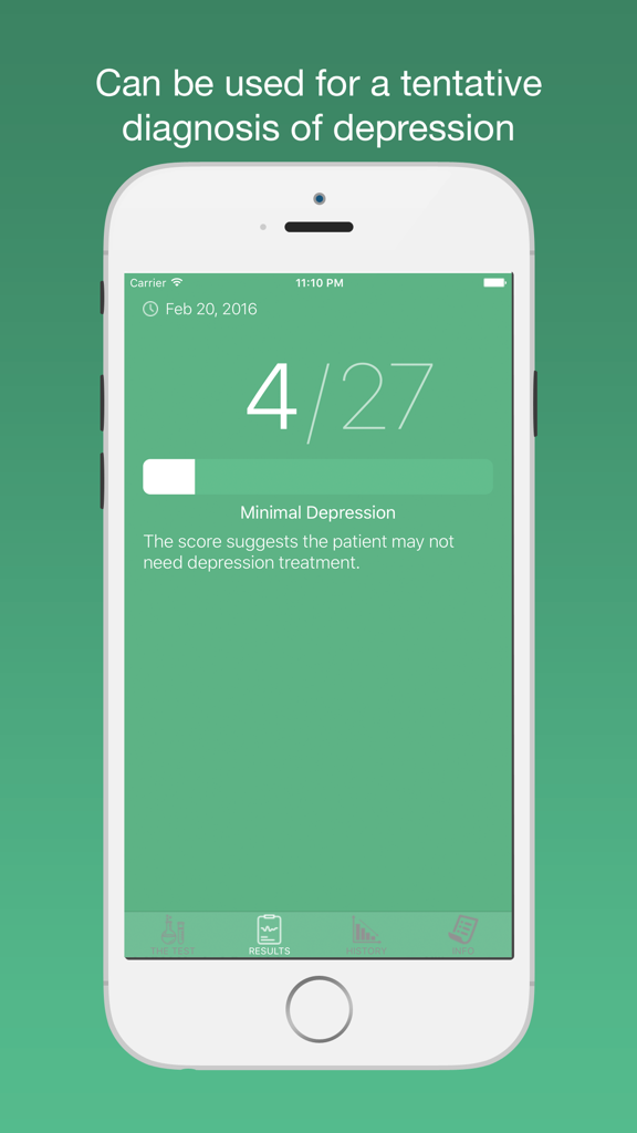Tela de resultados do aplicativo PHQ-9 exibindo uma pontuação de depressão mínima de 4 de 27