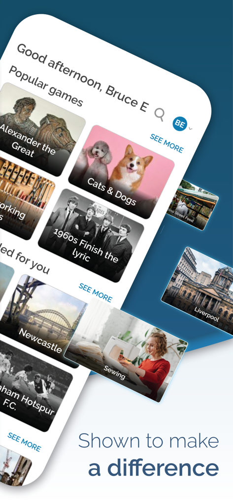 Memory Lane Games - A mobile app interface displaying nostalgic game categories like pets music and history for senior memory care