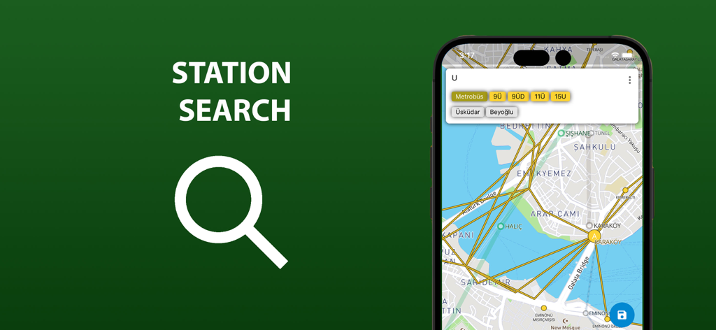 Interface of the Istanbul public transport map app showing the station search feature with a map overlay of transit lines