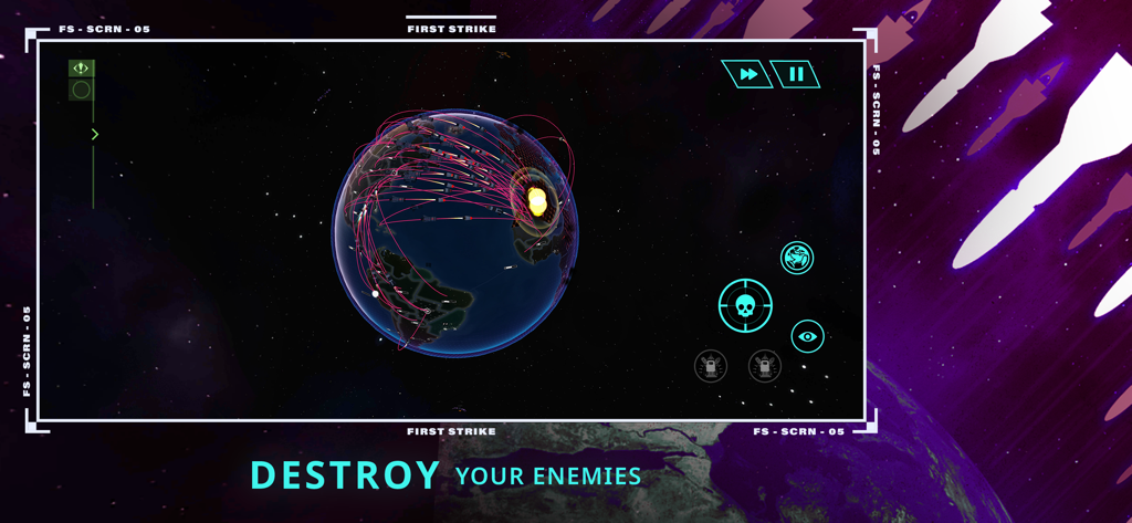 First Strike - Nuclear RTS - Strategic view of a global nuclear missile strike in First Strike strategy game