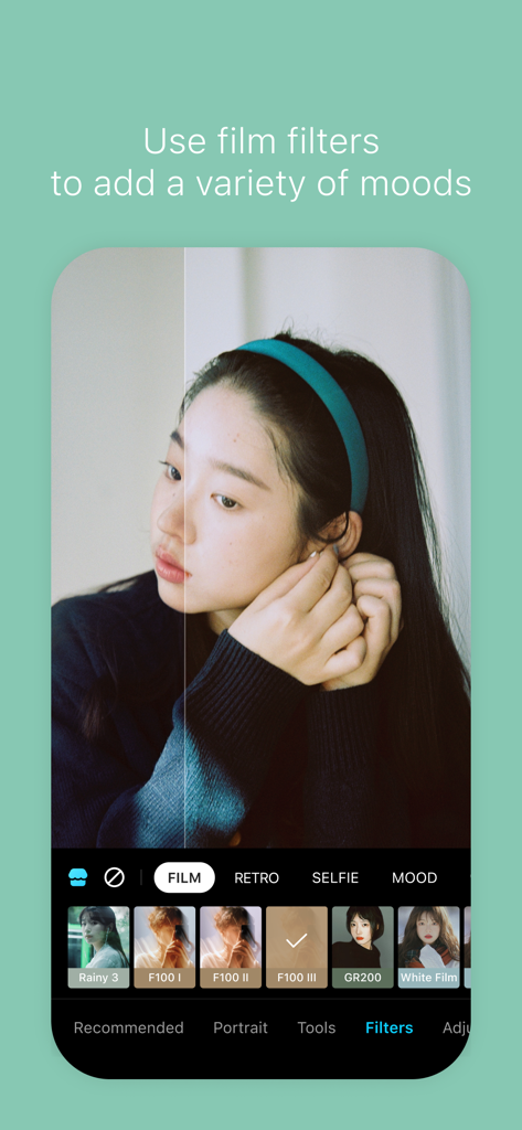 Portrait d'une femme dans l'interface de l'application SNOW démontrant l'utilisation de filtres film pour changer l'ambiance de la photo.