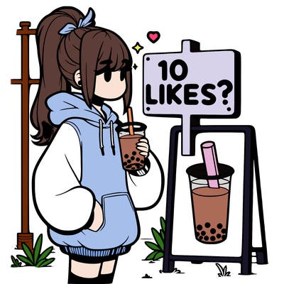 girl with oversized hoodie drinking boba and she has a high ponytail with a sign that says 10likes?