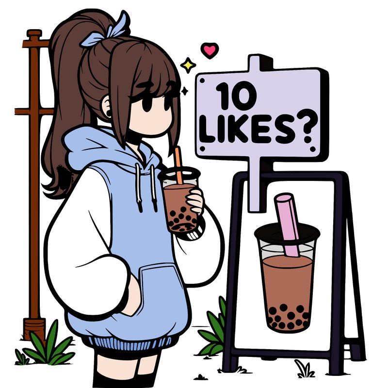 girl with oversized hoodie drinking boba and she has a high ponytail with a sign that says 10likes?