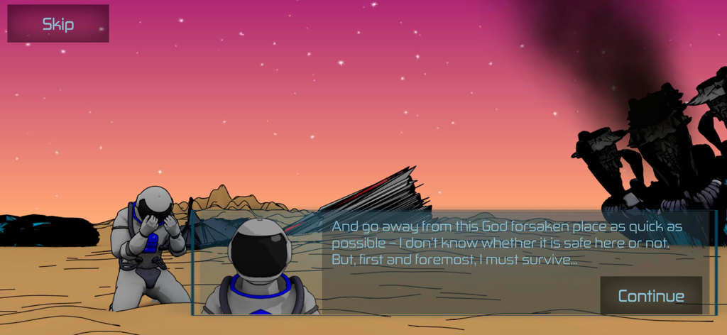 Random Space: Survival - Astronaut survivor kneeling by a crashed spacecraft on a desolate planet