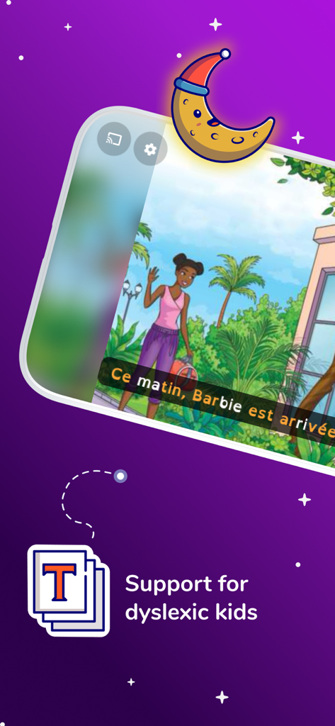 Kidjo Stories & Audio for kids - Kidjo Stories app interface displaying an illustrated story with dyslexia-friendly subtitles for kids.