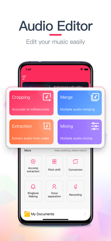 Audio Editor and Music Mixer mobile app dashboard showing cropping merging and mixing tools