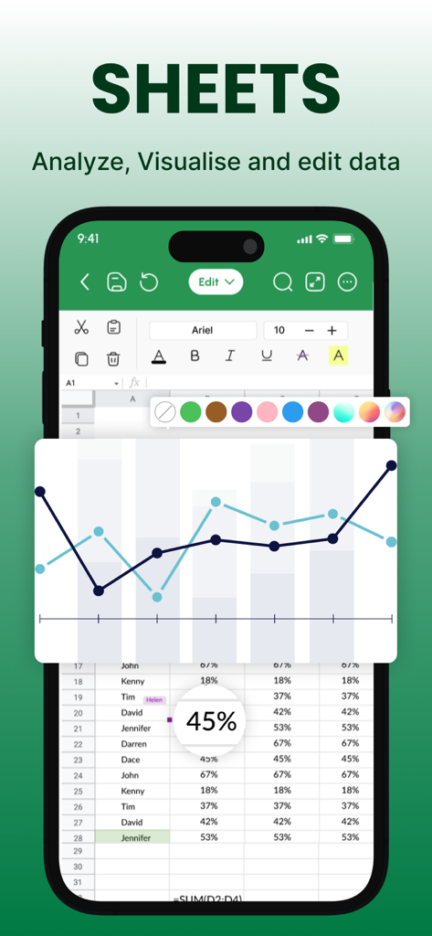 Office Suite-Word, Sheets, PPT - データ視覚化と折れ線グラフを表示するモバイルスプレッドシートエディタ