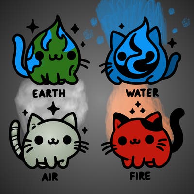 4 cats that represent the different elements, earth, water, air, and fire