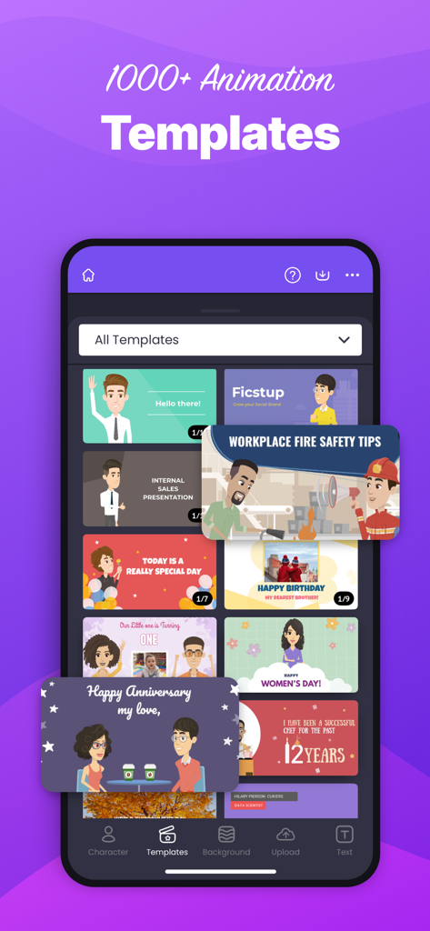 Animaker mobile app interface showcasing a library of over 1000 animation templates for business and personal use
