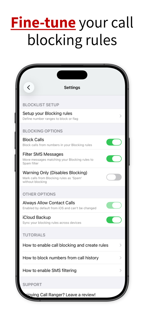 Call Ranger: Mass Call Blocker - Settings screen of Call Ranger app showing options to toggle call blocking and SMS filtering