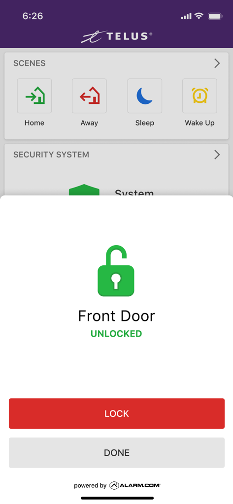 TELUS SmartHome app interface showing an unlocked front door with a lock button