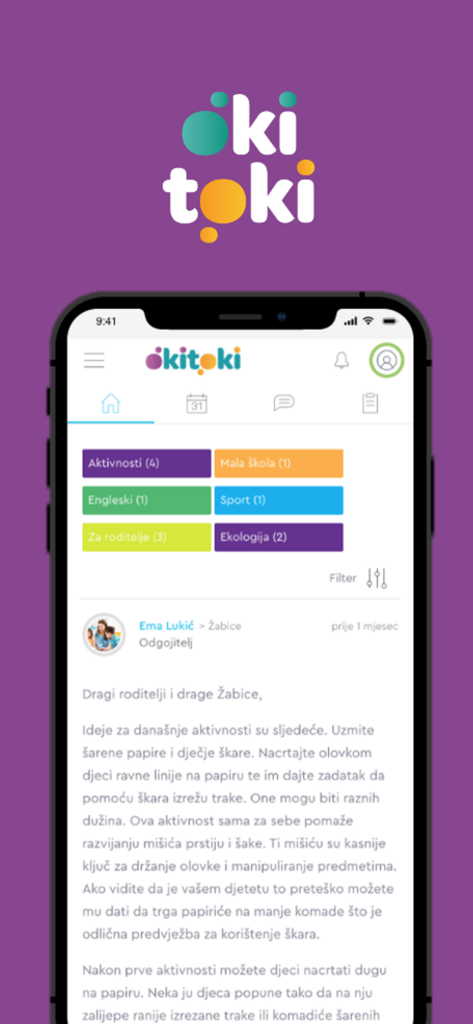 Okitoki - Okitoki mobile app interface displaying a news feed with educational activities for children and parents