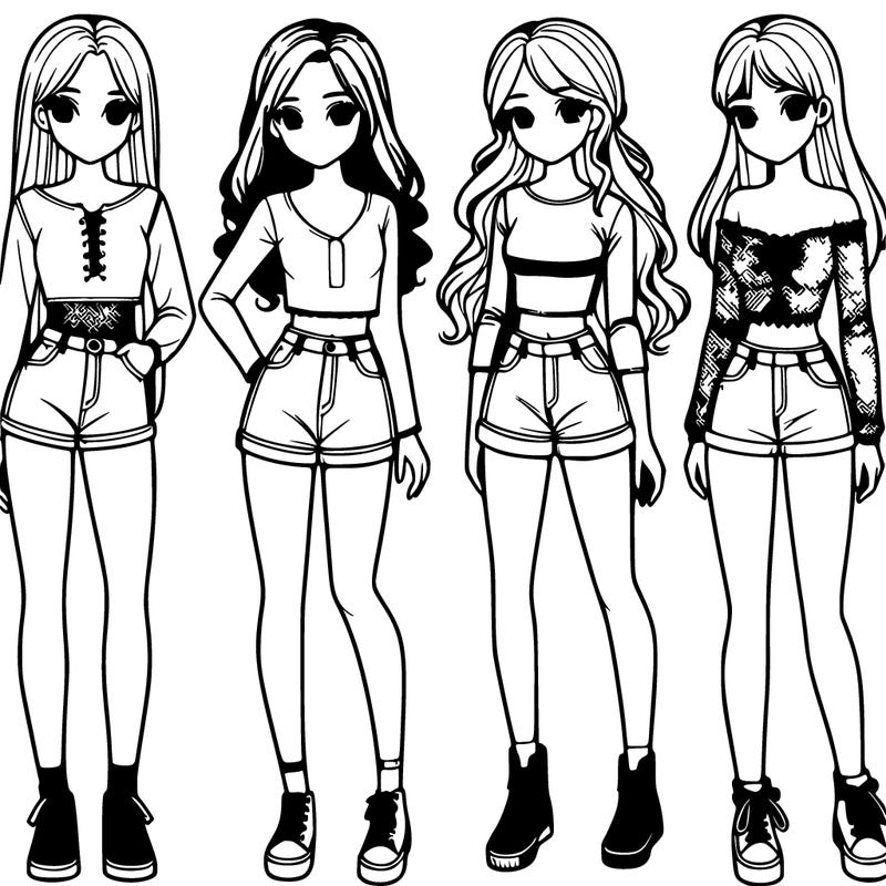 group of 4 realistic girls full body