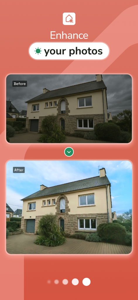 HOQI - Home Staging AI - Before and after comparison showing a dark house exterior transformed into a bright and appealing real estate listing using AI