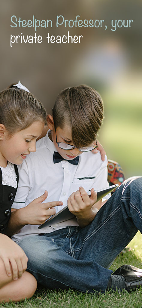 Steelpan App PRO V2 - Two children sitting on the grass looking at a tablet for the Steelpan Professor music education app.