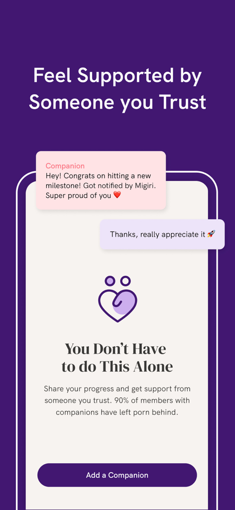 Migiri: Porn Blocker & More - Migiri app screen showing the companion support and accountability feature